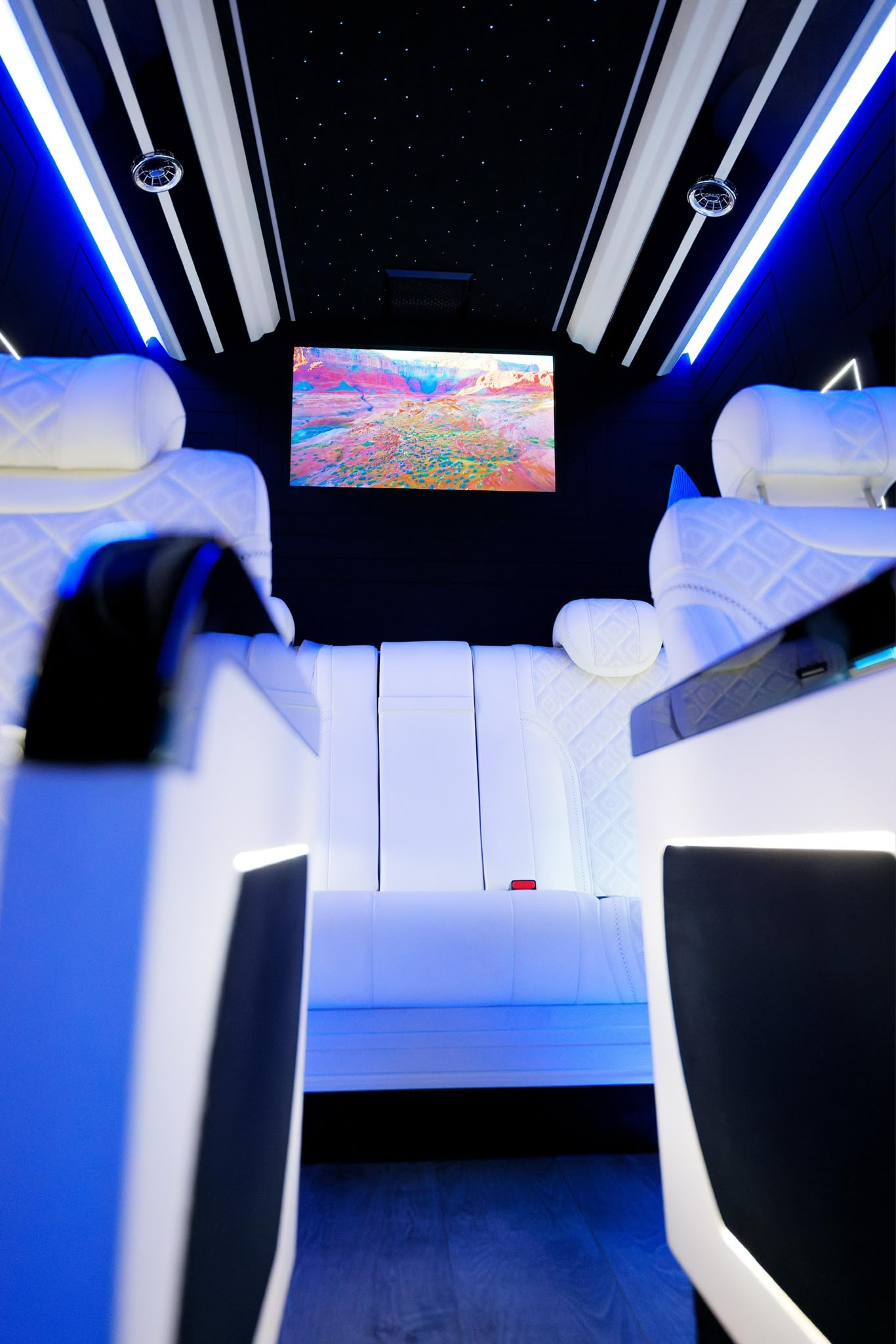 Sprinter VIP aménagé — configuration cuir blanc et ciel étoilé