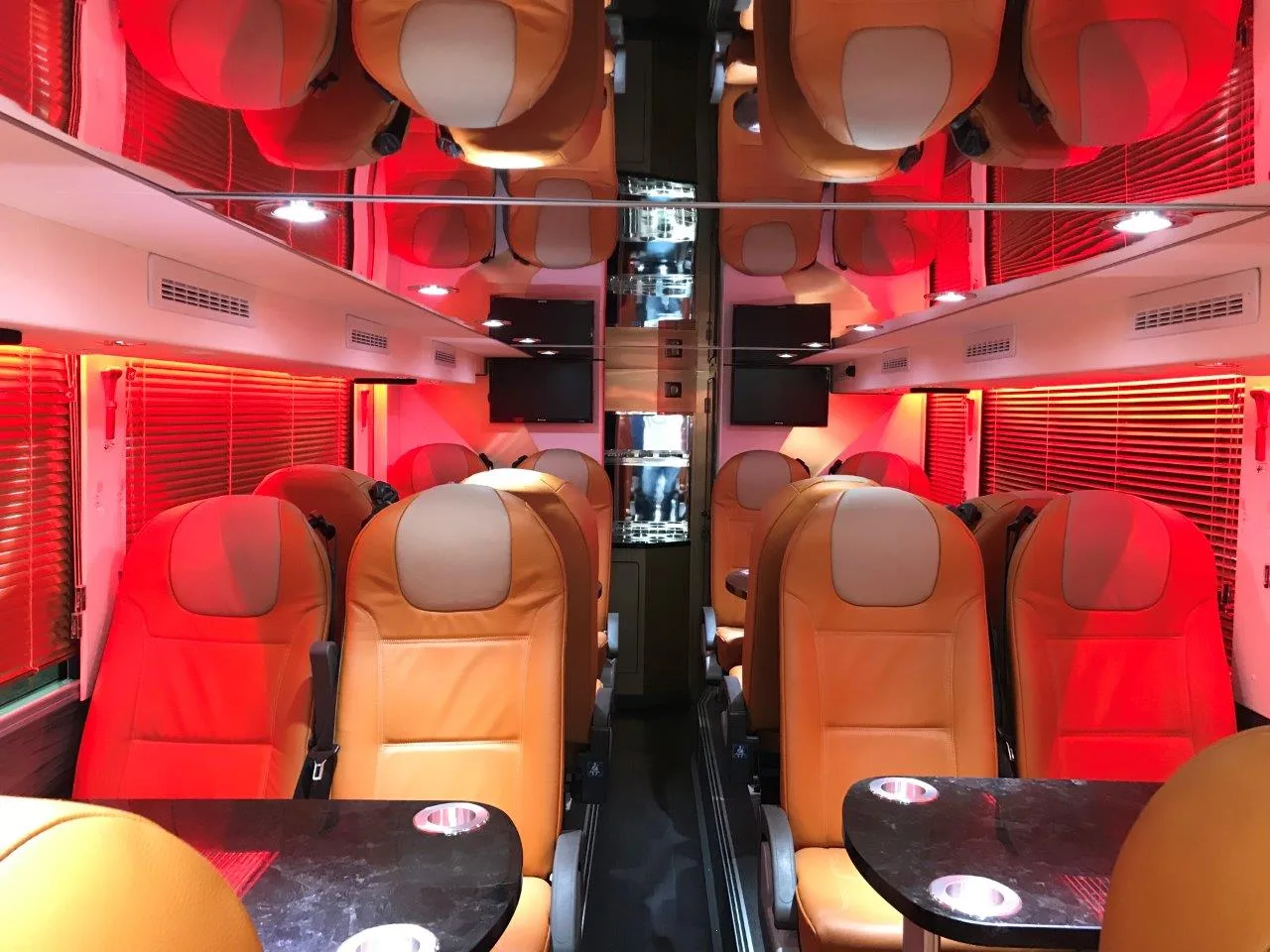 Cabine luxe autocar artiste — ambiance rouge, sièges cuir, TV