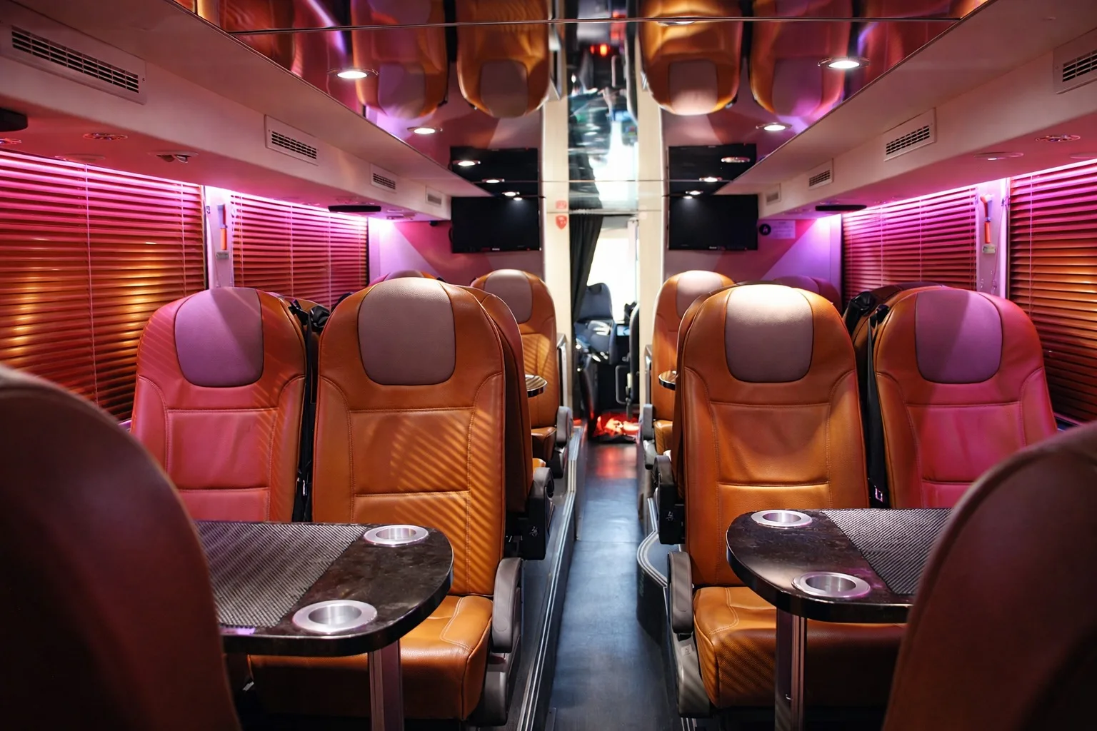 Salon VIP autocar artiste — sièges cuir et éclairage ambiance rose